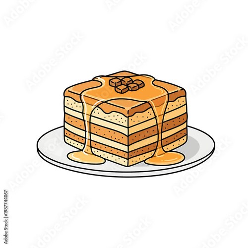 Layered Honey Cake with Caramel Drip on a Plate Illustration