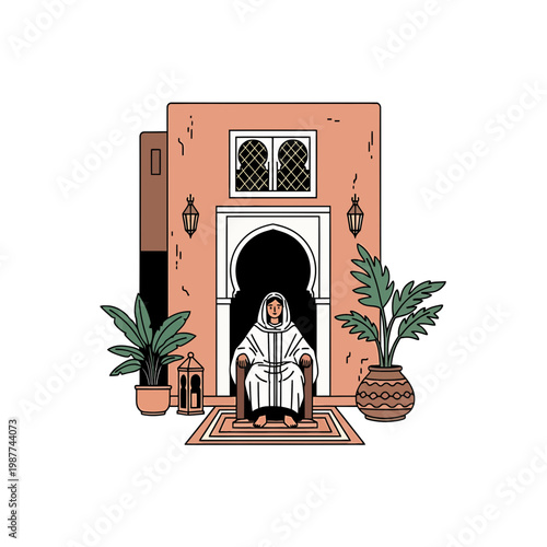 Arabic person sitting in front of traditional house illustration