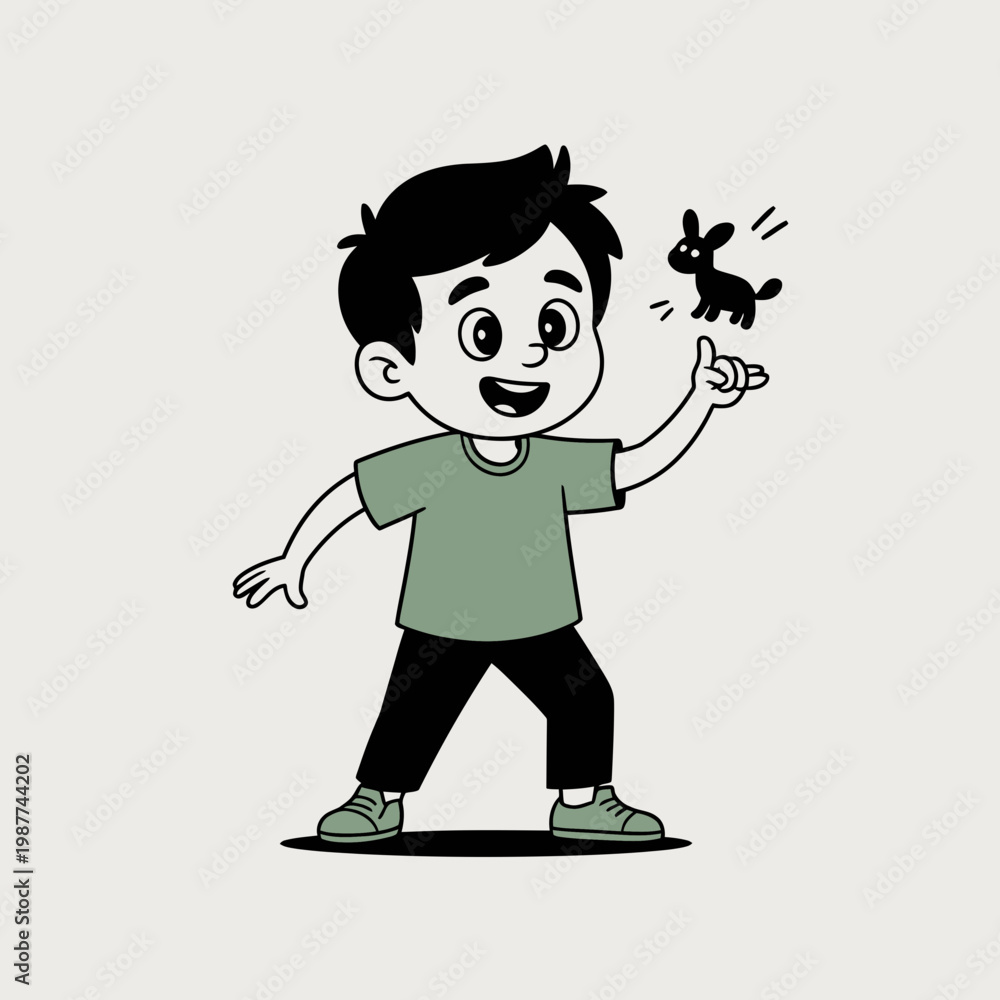Fototapeta premium Happy boy standing and pointing at a small cute floating black rabbit silhouette in a minimalist flat vector illustration style with soft earthy tones and clean lines