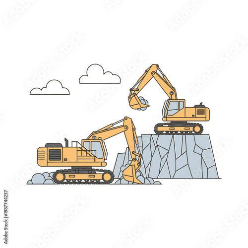 Two Yellow Heavy Duty Excavators in a Rock Quarry Illustration