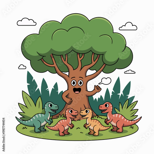 Cute cartoon dinosaurs playing with a friendly anthropomorphic tree character in a vibrant prehistoric jungle landscape illustration for kids education and nursery decor