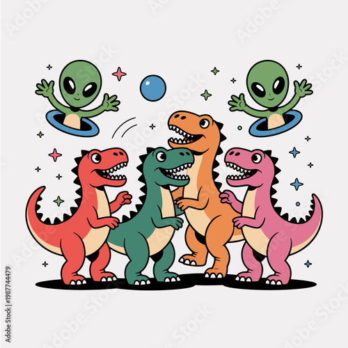 Cute cartoon dinosaurs playing with friendly extraterrestrials in space illustration featuring vibrant t rex characters and aliens having fun together in a whimsical style