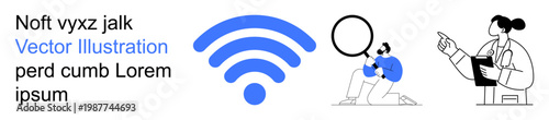 Wireless communication, connectivity, diagnostics, exploration, data sharing, network services. A wireless signal icon, person with magnifying glass woman with clipboard gestures. Connectivity