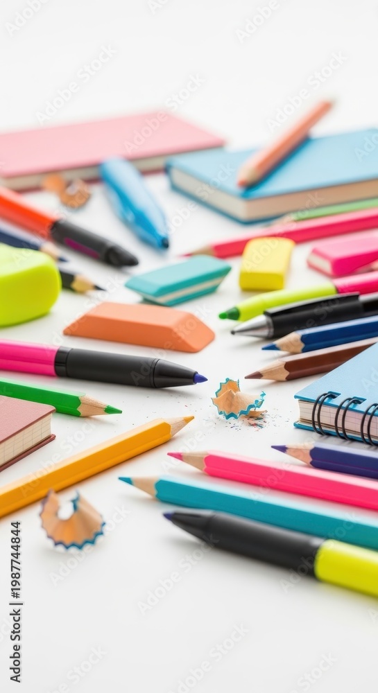 Fototapeta premium Assortment of Colorful School Supplies on White Background.