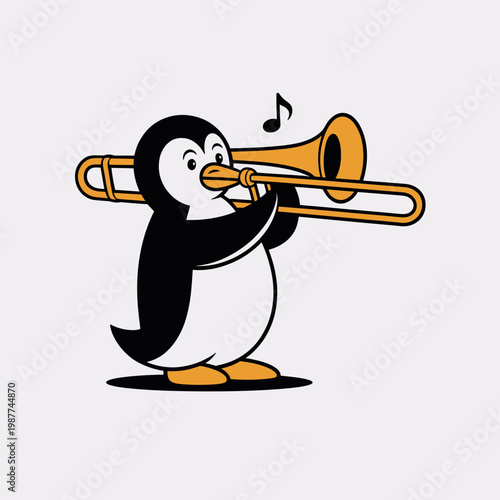 Cute cartoon penguin playing a golden trombone instrument in a cheerful musical performance vector illustration isolated on a minimalist light gray background design