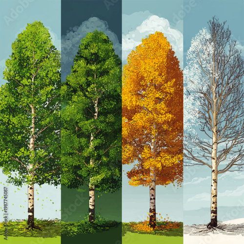 Vibrant Four Seasons Transformation of an Aspen Tree, Depicting Spring, Summer, Autumn, and Winter in Ultra-Detailed Vector Illustration