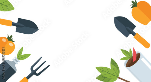 A vector illustration of gardening tools and fresh vegetables arranged as a border on a white background with central copy space.