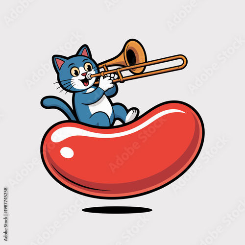 Cute cartoon blue cat playing a golden trombone while sitting on a large shiny red jelly bean candy illustration isolated on a neutral light grey background vector art
