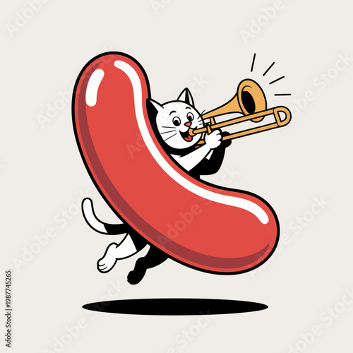 Cartoon cat playing trombone behind large red jelly bean shape character illustration featuring whimsical musical performance for fun creative design projects and posters