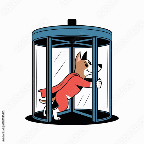 Cartoon superhero dog wearing red cape pushing through modern revolving glass door entranceway in flat illustration style concept for business success and heroic action
