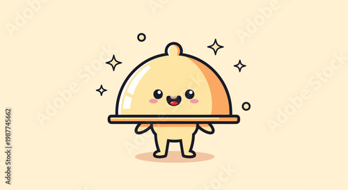 Cute cartoon mascot holding a serving cloche.