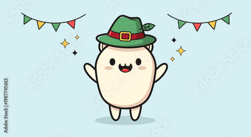 Cute Cartoon Mascot Character With Green Hat Celebration.