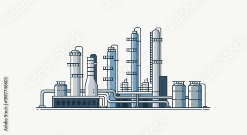 Industrial factory complex with smokestacks.