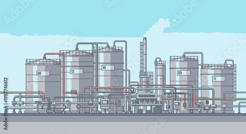 Industrial factory complex with large tanks.