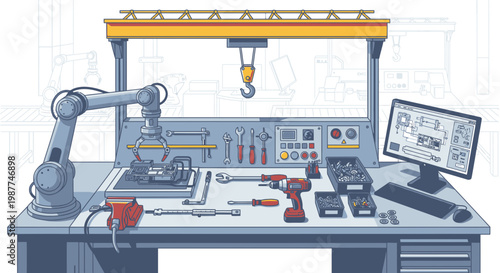 Industrial robotic arm workstation with tools.