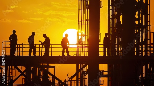Industrial workers on construction site at sunset