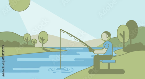 Man sitting and fishing alone outdoor.