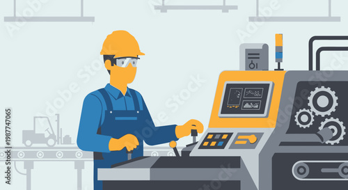 Man wearing blue uniform operating machine.