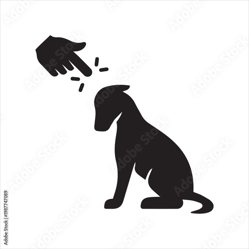 Hand scolding sad dog icon. Pet discipline and dog punishment concept. Monochrome black and white symbol