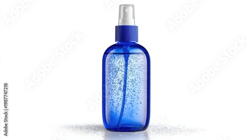 Blue transparent bottle with a spray top, filled with clear liquid and bubbles