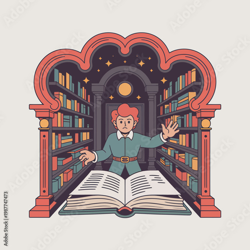 Young scholar discovering magical knowledge in an ancient enchanted library with floating stars and large open tome illustrated in a whimsical flat vector art style