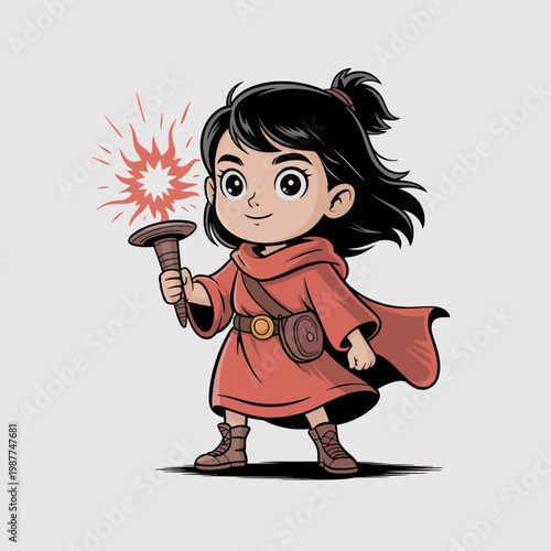 Cute cartoon girl adventurer holding a glowing torch in a red cloak standing on a neutral background illustrating fantasy exploration and courageous childhood wonder