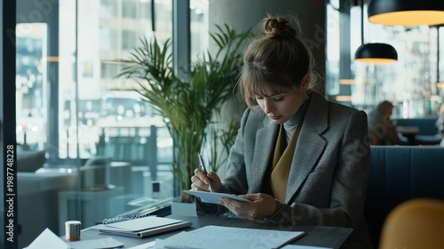 Stylish businesswoman taking notes during corporate meeting