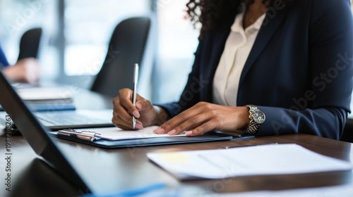 Businesswoman taking notes during corporate meeting
