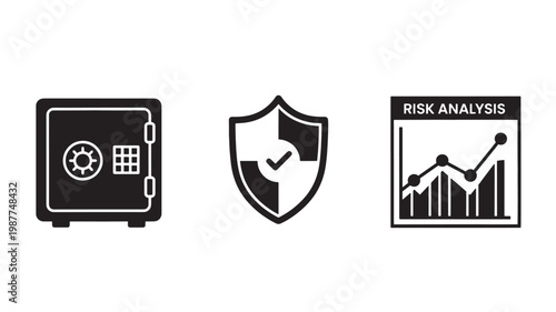 Financial Security Icons Safe Shield and Risk Analysis Graph for Investment Protection and Business Safety Concepts