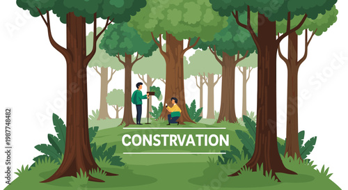 Two people are planting trees in a lush green forest, symbolizing conservation efforts and environmental care.