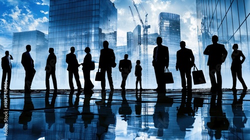 Business professionals walking in cityscape with skyscrapers