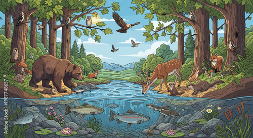 Vibrant forest ecosystem illustration with a river, featuring diverse wildlife like bears, deer, foxes, birds, otters, fish, and an alligator, depicting life above and below water.
