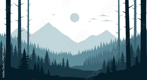 Photos Minimalist flat design landscape illustration featuring layered mountains and dense pine forests under a pale sky with a subtle sun