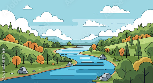 A beautiful stylized landscape illustration featuring a winding river, green hills, trees with autumn colors, and a clear sky with clouds.