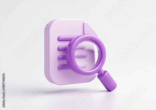 3D icon of a purple magnifying glass over a document