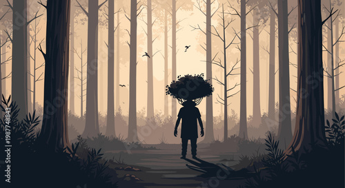 Silhouette of a person with a tree for a head standing in a misty, ethereal forest at dawn, with birds flying.