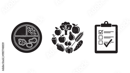 Healthy Food Icons with Meal Plate, Fruits, Vegetables and Diet Checklist – Nutrition and Wellness Vector Set