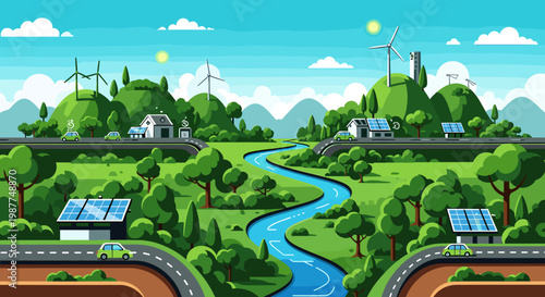 A vibrant cartoon landscape showcasing a sustainable ecosystem with wind turbines, solar panels, green hills, a winding river, and eco-friendly transportation.