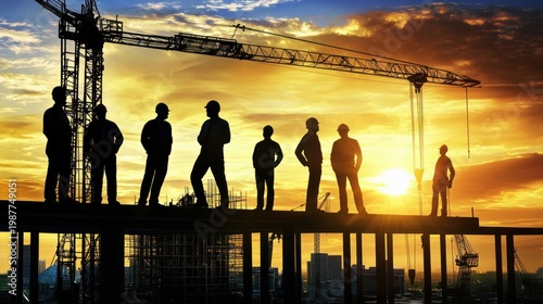Construction workers on building site at sunset