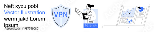 Online security, digital privacy, network protection, data encryption, cybersecurity tools, virtual private network. A shield with VPN text, a professional figure, and a laptop showing data charts