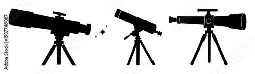 Telescope stargazing icon set with solid black silhouette on white background featuring astronomy, observation, night sky with telescope and stars