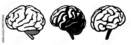 Brain icon set with solid black shapes on white background featuring learning, knowledge, memory with neuroscience and education