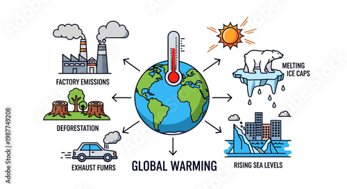Infographic illustrating the causes and effects of global warming, including factory emissions, deforestation, exhaust fumes, melting ice caps, and rising sea levels.