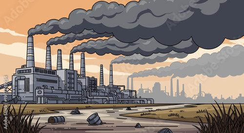 A sprawling industrial complex with multiple smokestacks emitting thick plumes of dark smoke into a hazy sky, polluting the surrounding environment.