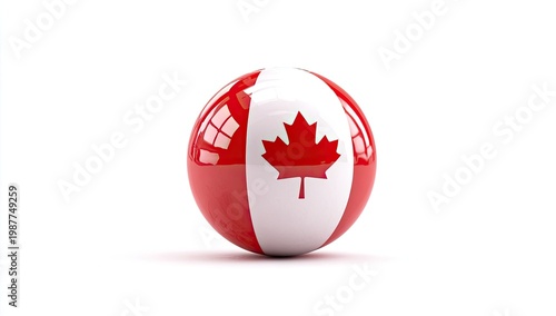 Red and white striped sphere with a maple leaf emblem on a white background