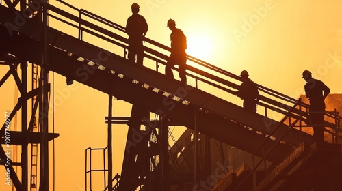 Industrial workers on scaffoldings at sunset