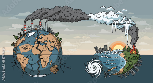 The Earth is depicted as split, showing the devastating effects of pollution and climate change on one side and the consequences of global warming on the other.