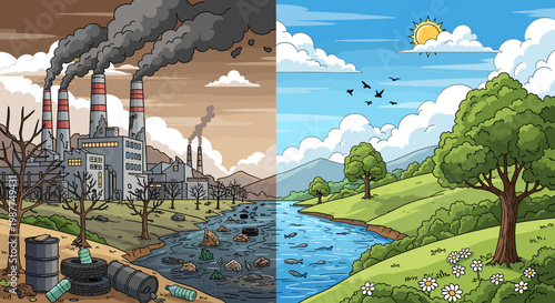 Split image contrasting industrial pollution with a pristine natural landscape, highlighting environmental degradation versus ecological beauty.