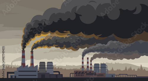 Industrial factories emitting thick plumes of dark smoke into the atmosphere, symbolizing pollution and environmental damage.