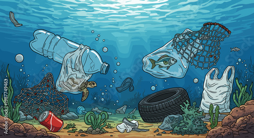 Underwater scene showing severe ocean pollution with plastic bottles, bags, a tire, and marine life like a turtle and fish affected by the debris.